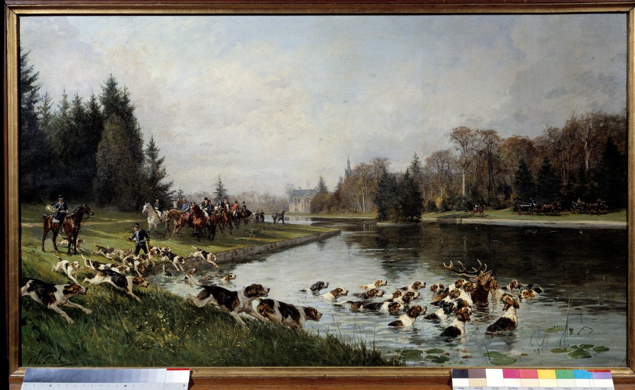 レースを狩る。シャルル・オリヴィエ・ド・ペンヌ（1831-1897）による絵画「サルヴィの池での鹿のハラリ、オマール公爵の狩り」1880年 Sun.0,77x1,33 m Chantilly, musee Conde - 猟犬への狩り。サルヴィの池での鹿のハローワーク、の狩猟 作： チャールズオリバーデペンネ