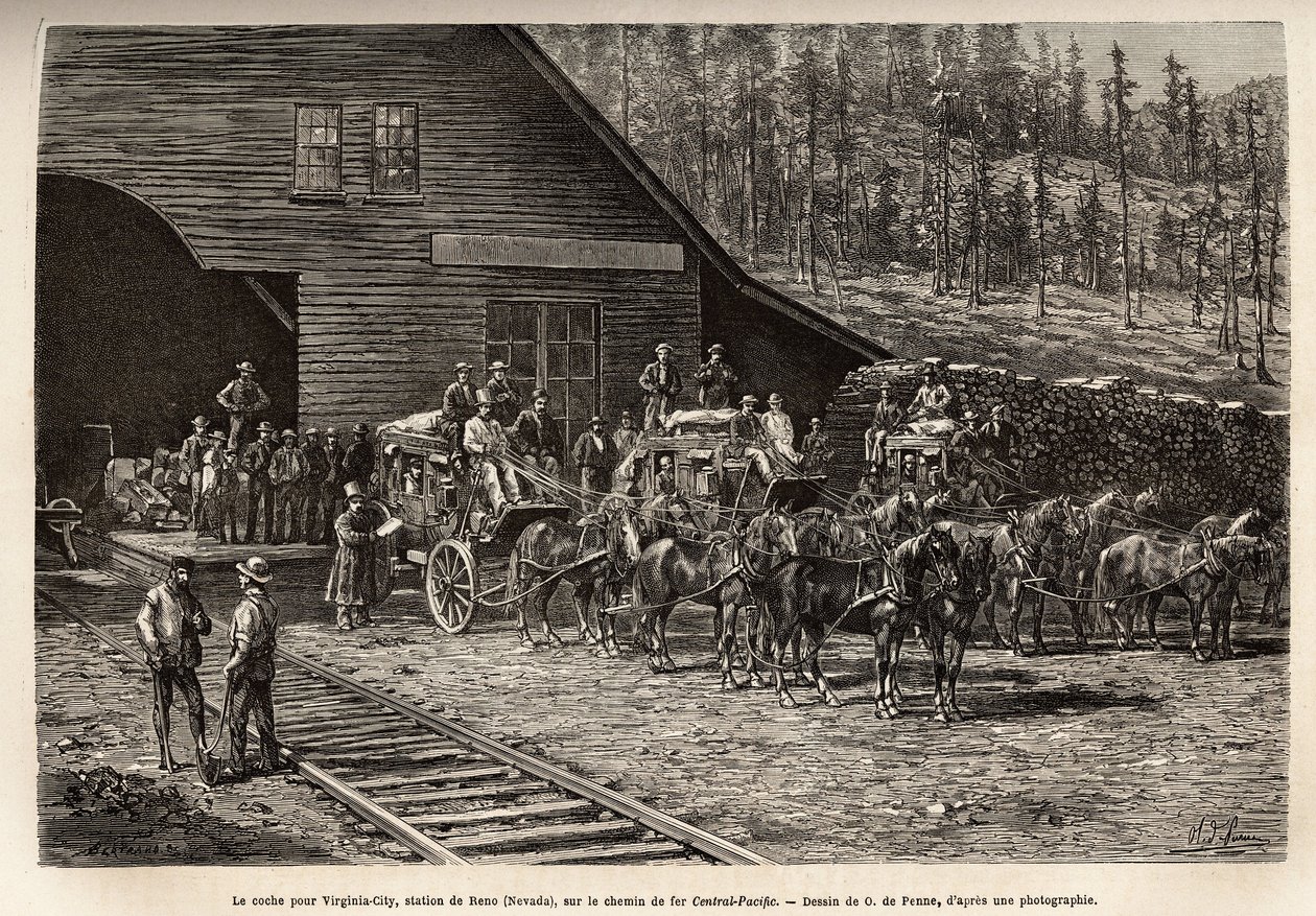 Der Bahnhof von Reno, um das Ticket für Virginia City (Nevada) zu nehmen, auf der Central Pacific Railway (Central Pacific), graviert nach der Zeichnung von O. de Penne, zur Illustration der Reise von Washington nach San Francisco, 1868, von L. Simonin, ve von Charles Oliver de Penne