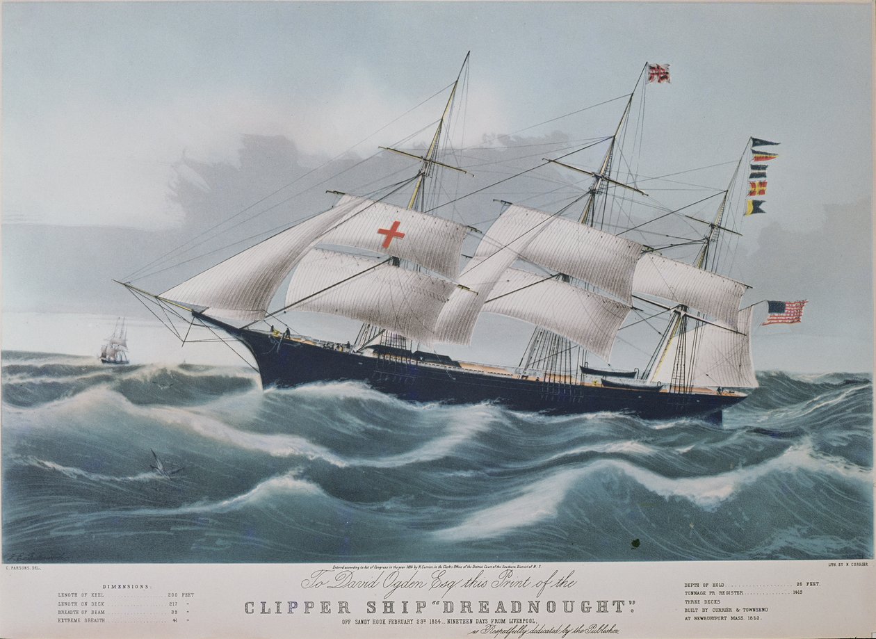 アメリカのクリッパー船「ドレッドノート」、ナサニエル・カリアー（1813-88）のリトグラフ 作： チャールズ・パーソンズ