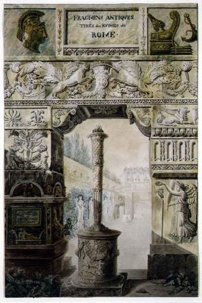 シャルル・ペルシエとフランソワ・レオナルド・フォンテーヌ（1762-1853）による「Palais, Maisons et Autres Edifices, Dessines a Rome」のタイトルページのデザインである「Antique Fragments from Ancient Rome」。パリ 作： チャールズパーシエ