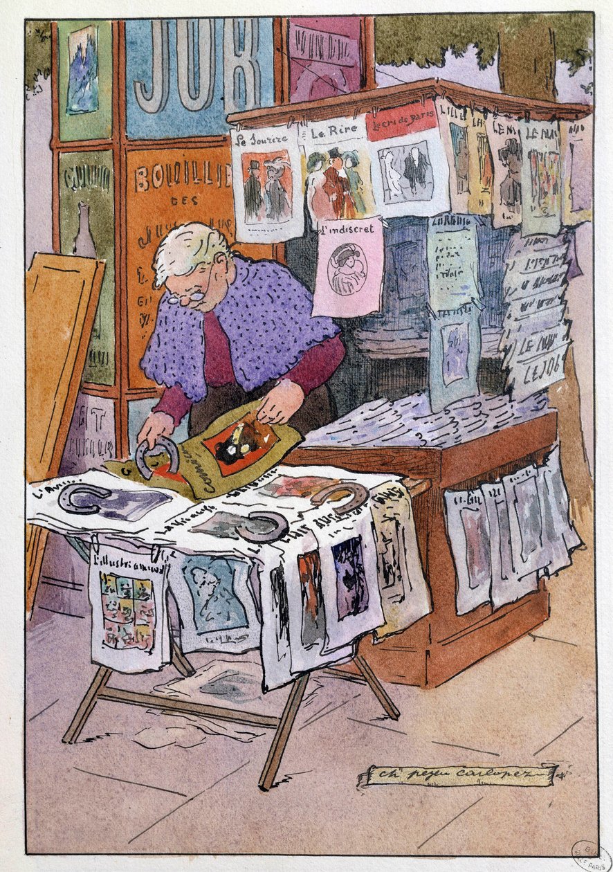 Small Metiers of Paris: キオスクには新聞があります。 Charles Pezeu dit Carlopez の素描 (20 世紀) 作： チャールズペゼウカルロペス