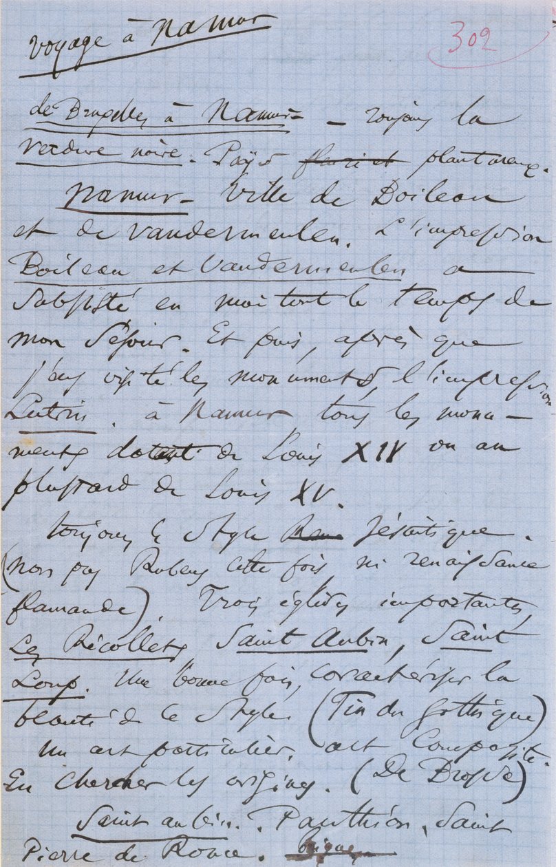 1864年のナミュールへの旅を記したボードレールのパンフレット「Pauvre Belgique」の302ページ 作： シャルル・ピエール・ボードレール
