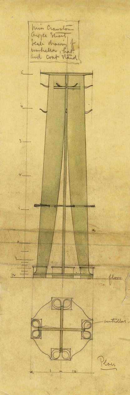 傘、帽子、コートラックのデザイン、立面図と平面図、c.1898-1899（鉛筆、水彩、油を塗ったトレーシングペーパー） 作： チャールズレニーマッキントッシュ