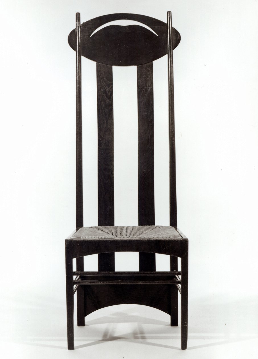 背もたれの高い椅子、c.1897（ラッシュシートとピアスの楕円形のバックレールを備えたダークステインオーク） 作： チャールズレニーマッキントッシュ