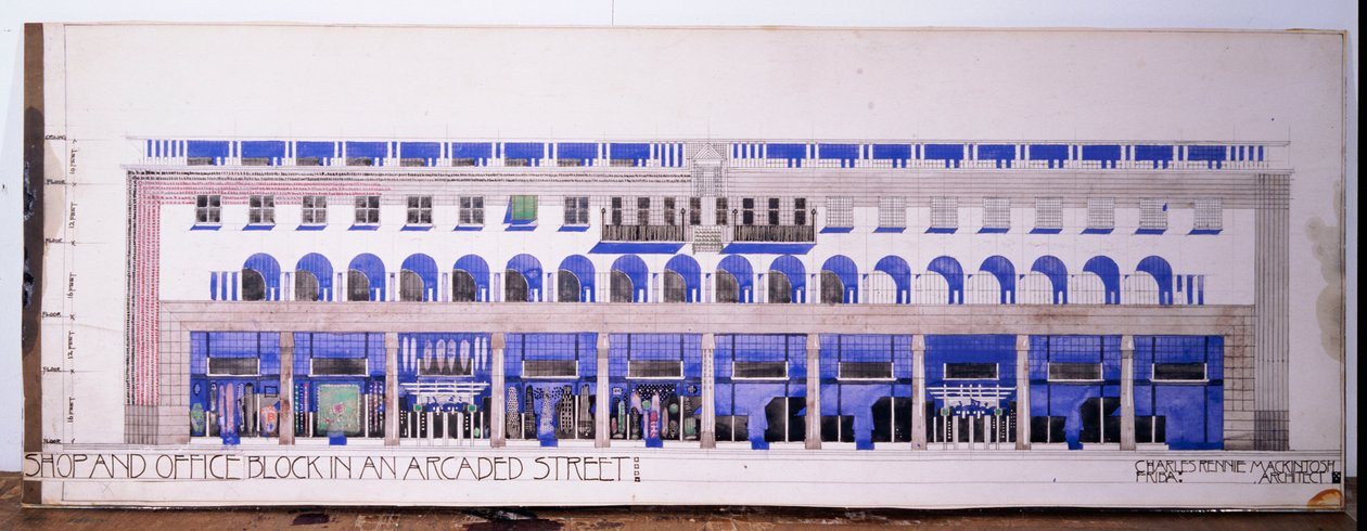 これまでに記録されていない、店舗とアーケード付き道路の建築図面（1915年頃 作： チャールズレニーマッキントッシュ