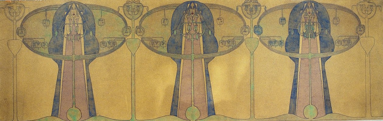 様式化された人物の装飾的なフリーズ、木と植物の形、c.1895（灰色のアートペーパーに鉛筆と水彩画） 作： チャールズレニーマッキントッシュ