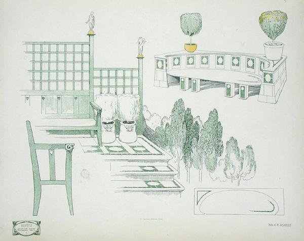 1900年代初頭の座席とテラスの詳細（「近代建築の資料」より）（カラーリトグラフ 作： チャールズ・ロバート・アシュビー