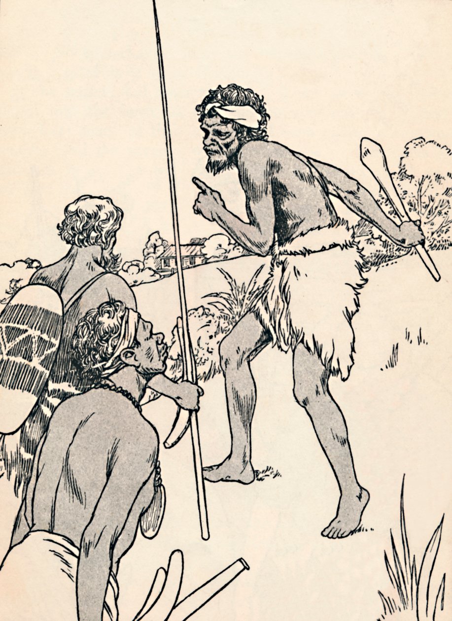 開拓者の農場に近づく先住民の男性、1912 作： チャールズ・ロビンソン