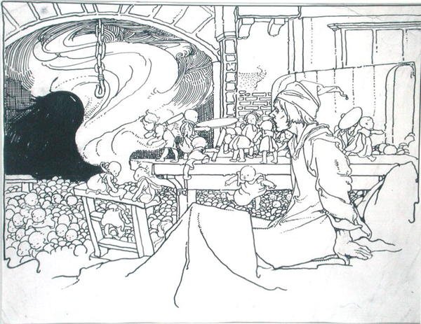 J.M.ギボン編『妖精の国の真の年代記-旧王の治世-』（1901年刊）の挿絵「猛烈なホスト」（紙にペン、インク、モノクロ水彩画 作： チャールズ・ロビンソン