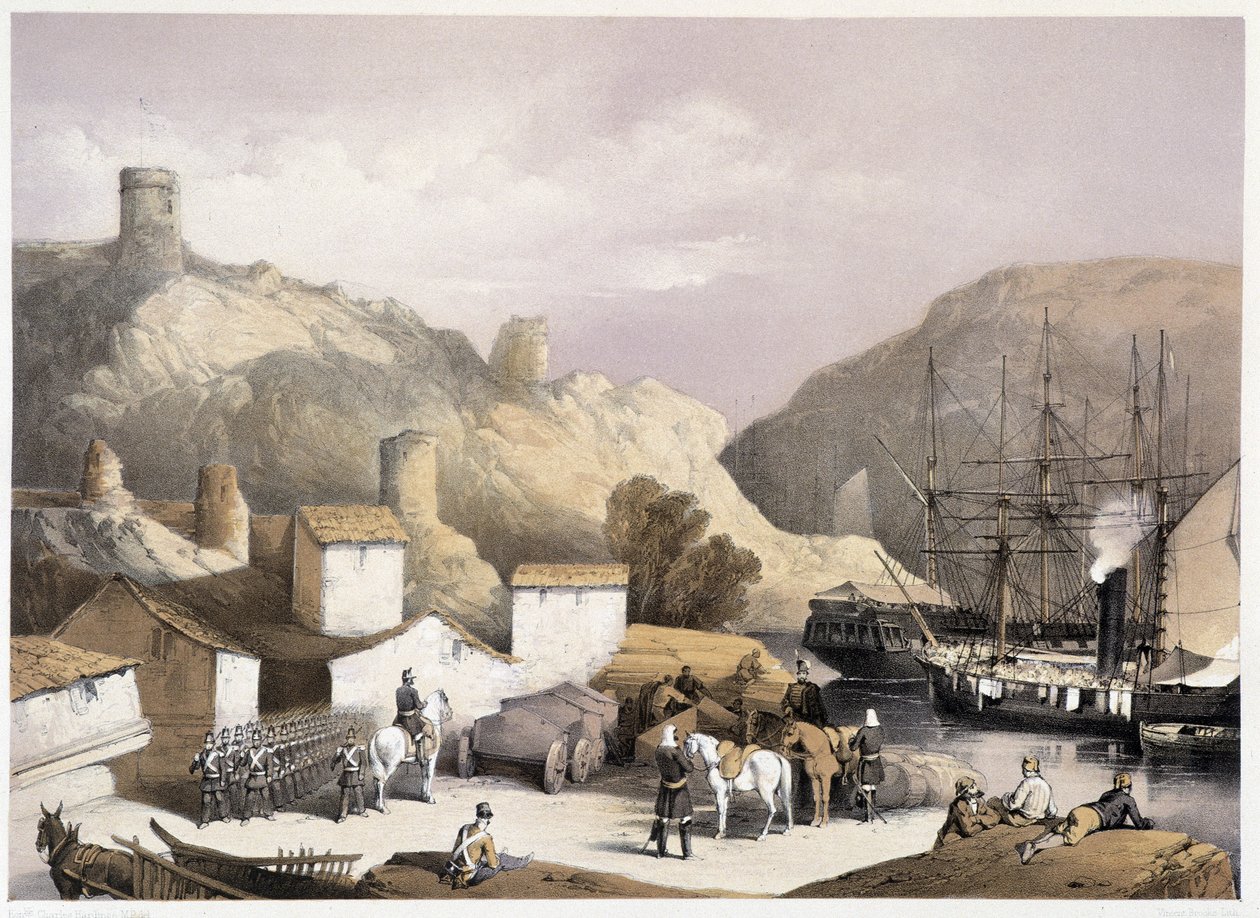 Ch.Hardingeの "Sebastopol "に登場するバラクラバ港。ヴィンセント・ブルックスによるリトグラフ、1855年ロンドン生まれのヘンリー・グレイヴス。 作： チャールズ・スチュワート・ハーディンゲ