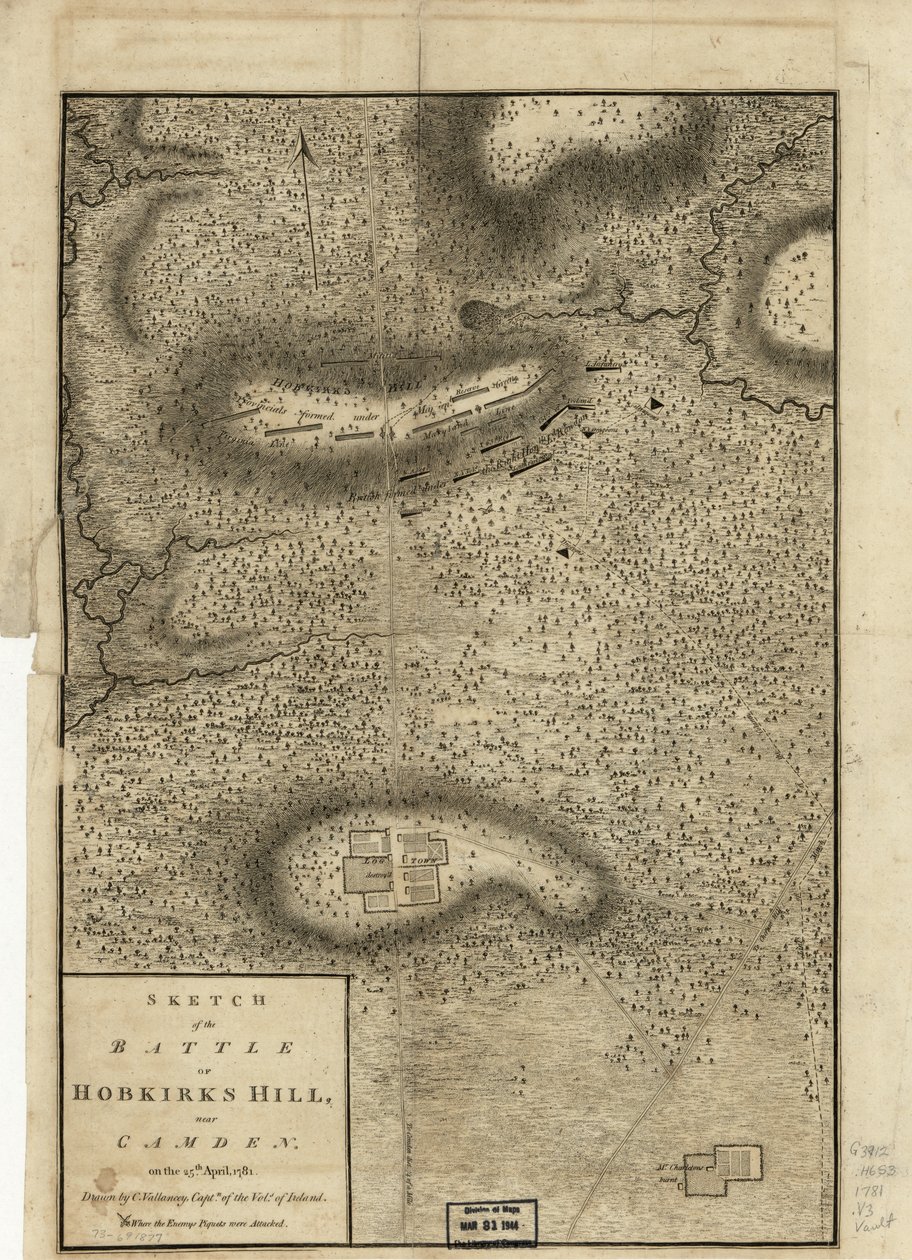 1794年4月25日、ロンドンで出版されたカムデン近郊のホブカークスの丘の戦いのスケッチ、1794年 作： チャールズ・ヴァランシー