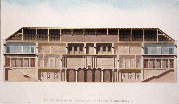 ブリュッセルのパレ・デ・エタッツ・ジェネラルの断面図、ピエール・ジャック・ゴエッヘビュール著「Choix des Monuments, Edifices et Maisons les plus remarquables du Royaume des Pays-Bas」（1827年発行）より（アクアチント）（189231も参照 作： チャールズ・ヴァンダー・シュトレーテン