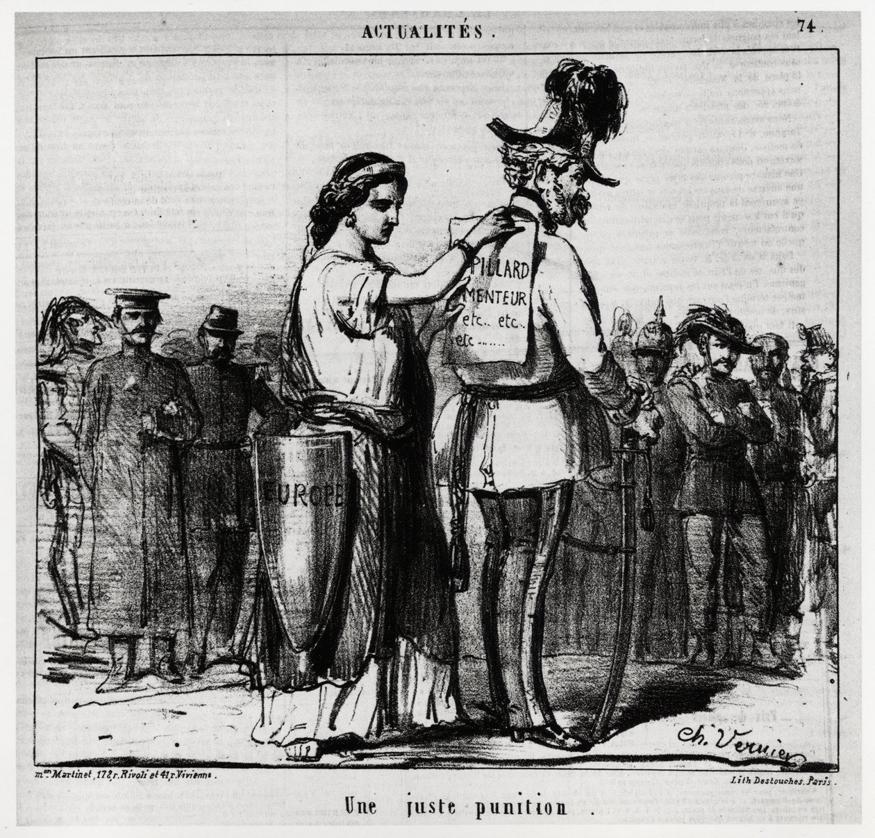 Eine gerechte Strafe: Europa befestigt ein Schild mit der Aufschrift „Räuber, Lügner, etc.“ auf dem Rücken einer Figur in österreichischer Uniform, mit Schnurrbart und Koteletten (Kaiser Franz Joseph I. von Österreich 1830-1916). Illustration von Charles V von Charles Vernier