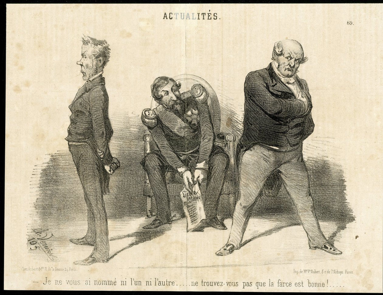 シャルル・ヴェルニエ(？-1887)が「ル・シャリヴァリ」に描いたイラスト - 共和国大統領、大臣、肘掛け椅子（権力の象徴） - ナポレオン3世、バロット・オディロン（1791-1873）、大臣、フォシェ・レオン（1803-1854）。 作： シャルル・バーニア