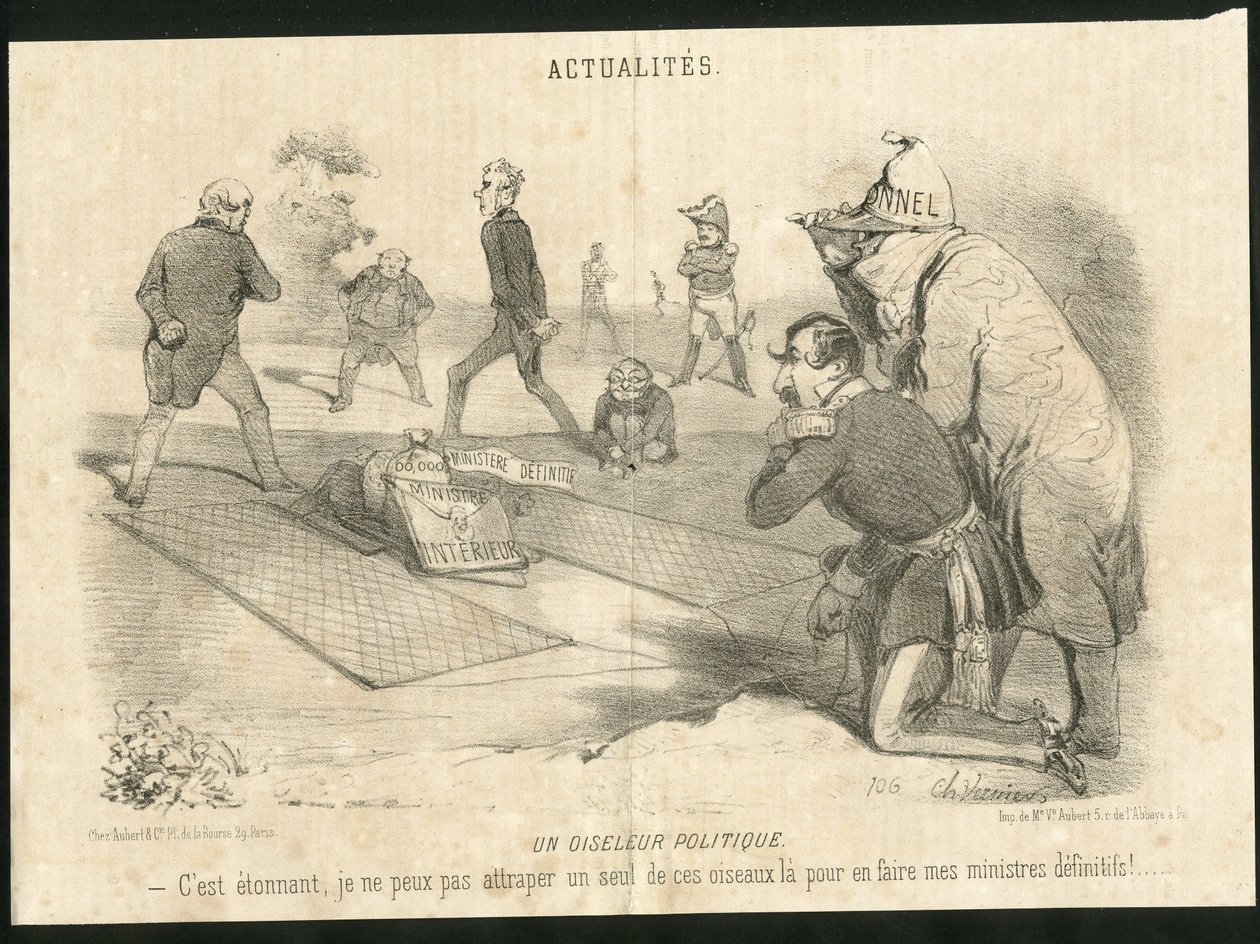 シャルル・ヴェルニエ(？-1887)が「ル・シャリヴァリ」に描いたイラスト - Un oiseleur politique - 共和国大統領、内務大臣 - ティエ・アドルフ、ナポレオン3世、フォーシェ・レオン(1803-1854) - ポートフォリオ 作： シャルル・バーニア