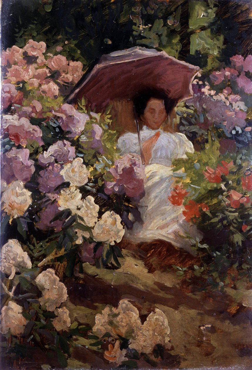 日傘をさす少女。花咲く庭で日傘をさす少女。チャールズ・ウェリントン・ファース（1868-1904 イギリス）作 個人蔵 作： チャールズ・ウェリントン・ファース