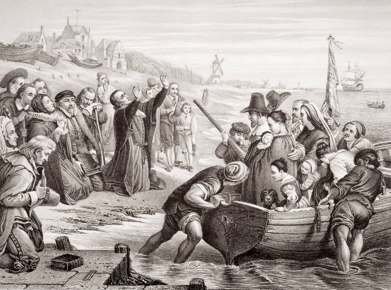 1620年7月、デルフトヘブンからの巡礼者の父親たちの出発、「英語とスコットランドの歴史の図解」第1巻（彫刻） 作： チャールズ・ウェスト・コープ