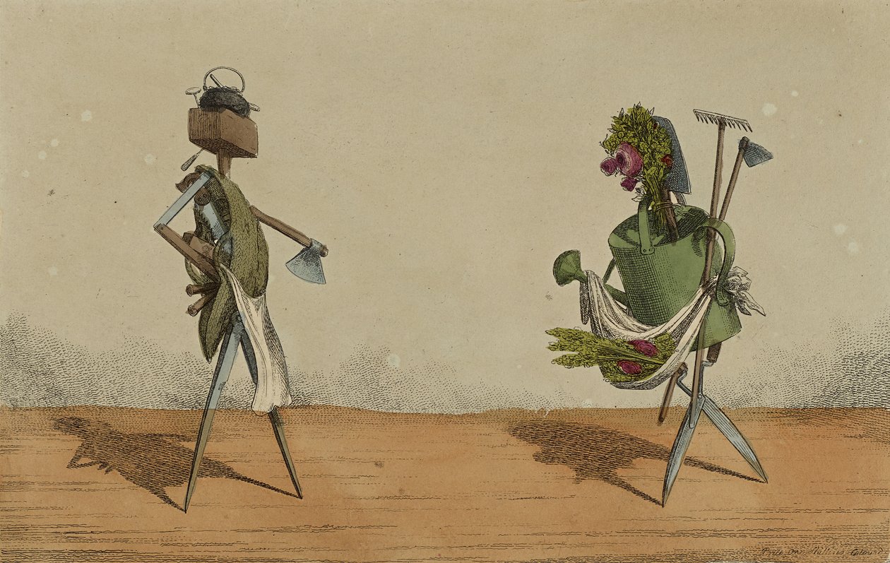 アニメーション、プレート2、イギリスの大工と庭師に捧げる道具、c.1811（手描きのエッチング） 作： チャールズ・ウィリアムズ