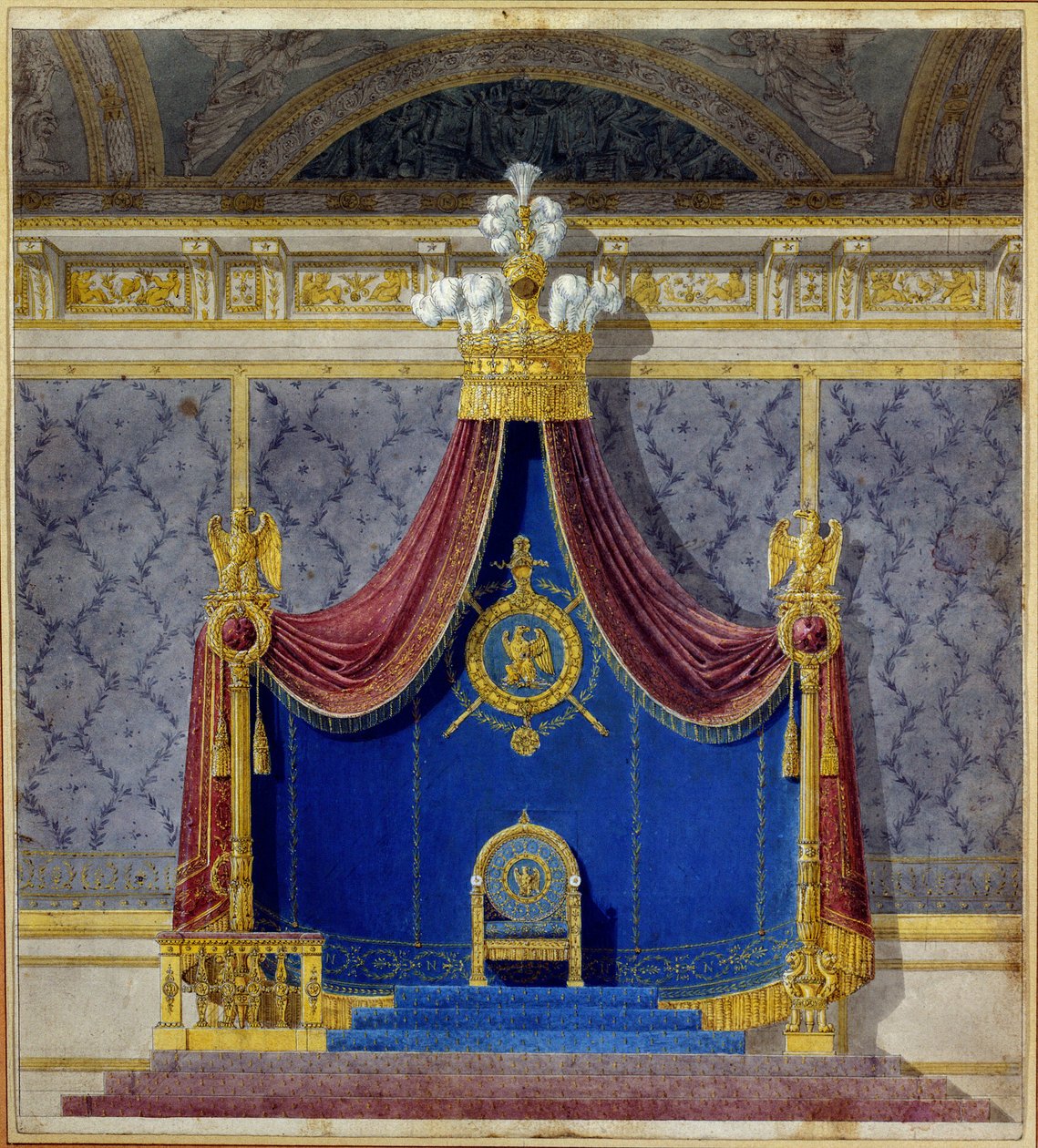 アートフランス。フランスの建築家・装飾家であるシャルル・ペルシエ（1764-1838）とピエール・フランソワ・レオナルド・フォンテーヌ（1762-1853）が制作したチュイルリー宮殿のナポレオン1世の玉座。個人蔵 作： シャルルとフォンテーヌのピエール・ペルシエ