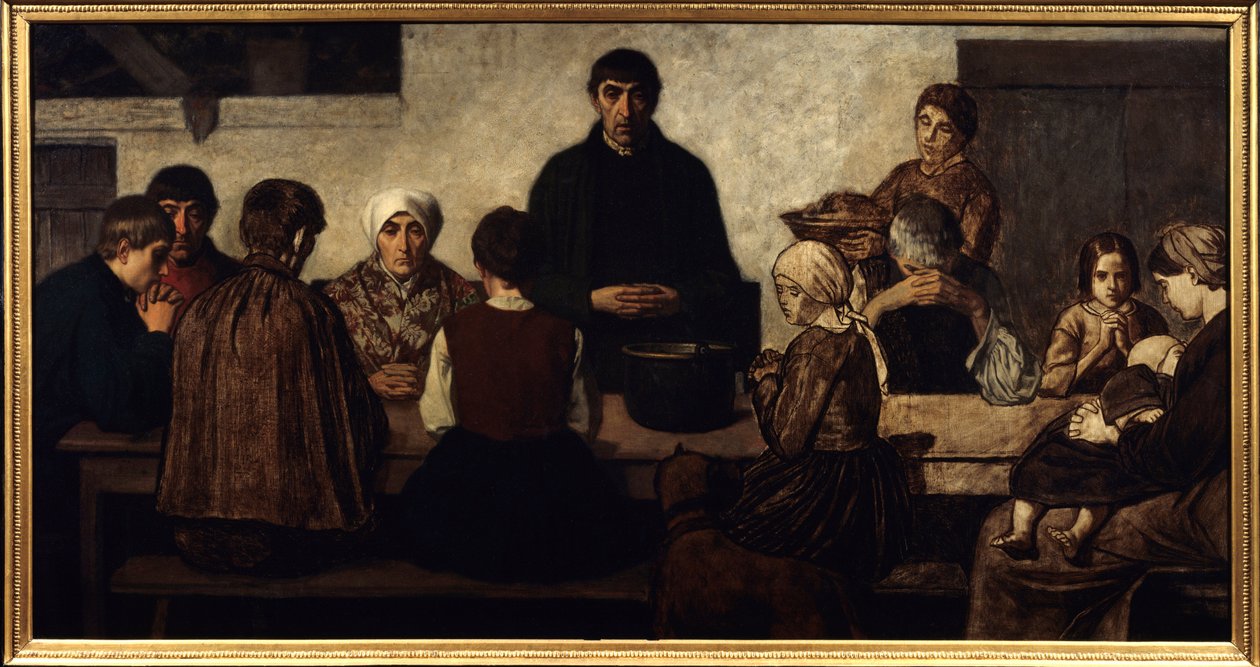 食卓で祈りを捧げるベネディクト一家。絵画 シャルル・グルーdit Degroux（1825-1870）（ec.belg.）1860年日。0.78x1.51 m パリ、オルセー美術館 作： シャルル・ド・グルー