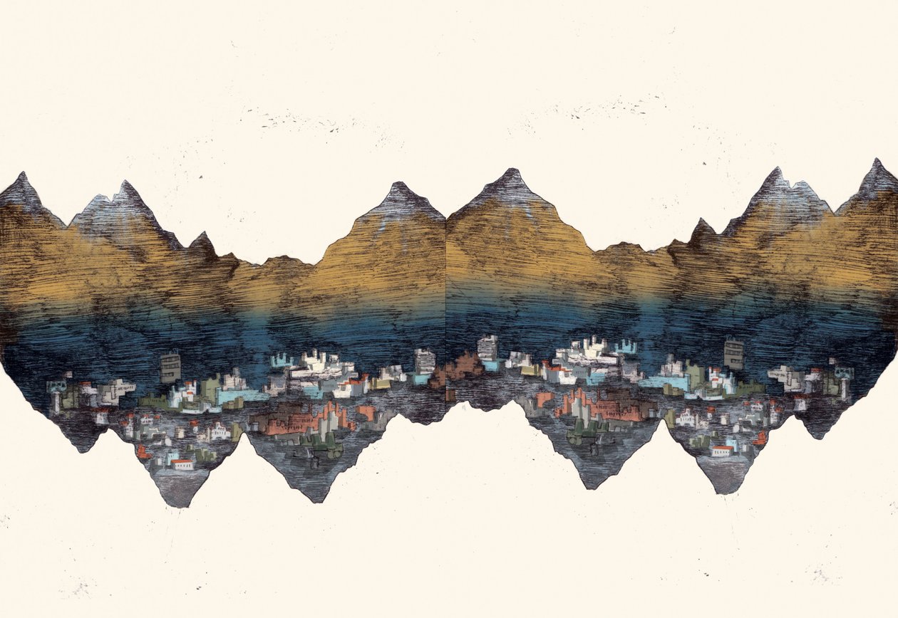 そして響き渡る山脈、2013年（ドライポイントエッチングとデジタル） 作： Charlotte Orr