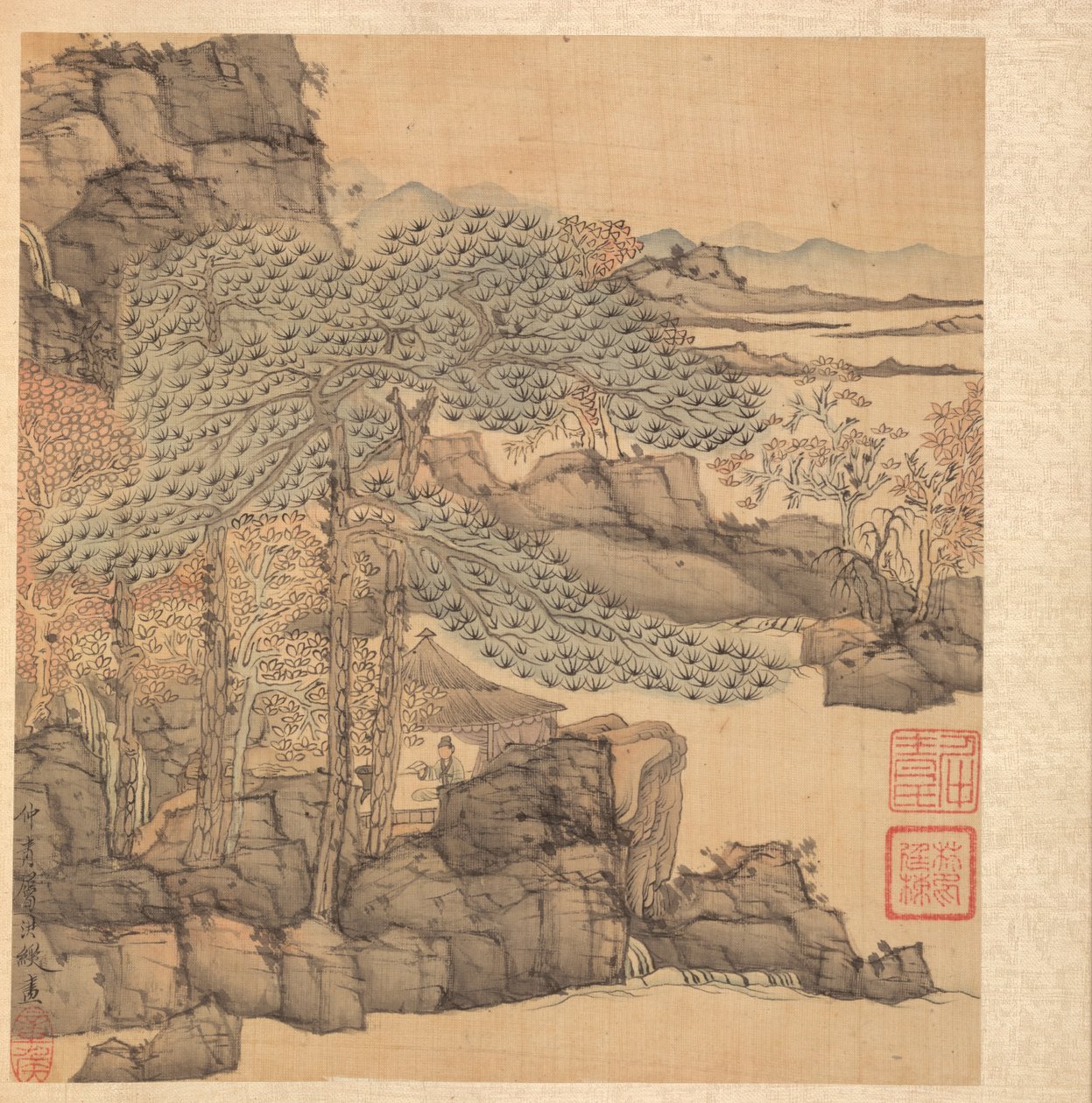 古代の巨匠の後の絵画：滝のそばのわらぶき屋根の小屋での学者の読書、1598〜1652年。 作： 陳紅寿