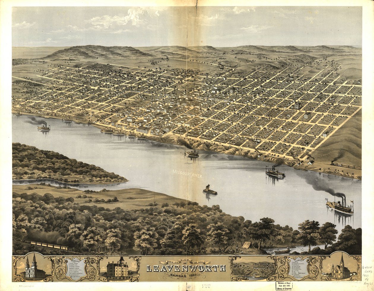 カンザス州レブンワース市の鳥瞰図、1869 年 作： Chicago Lithographing Co.