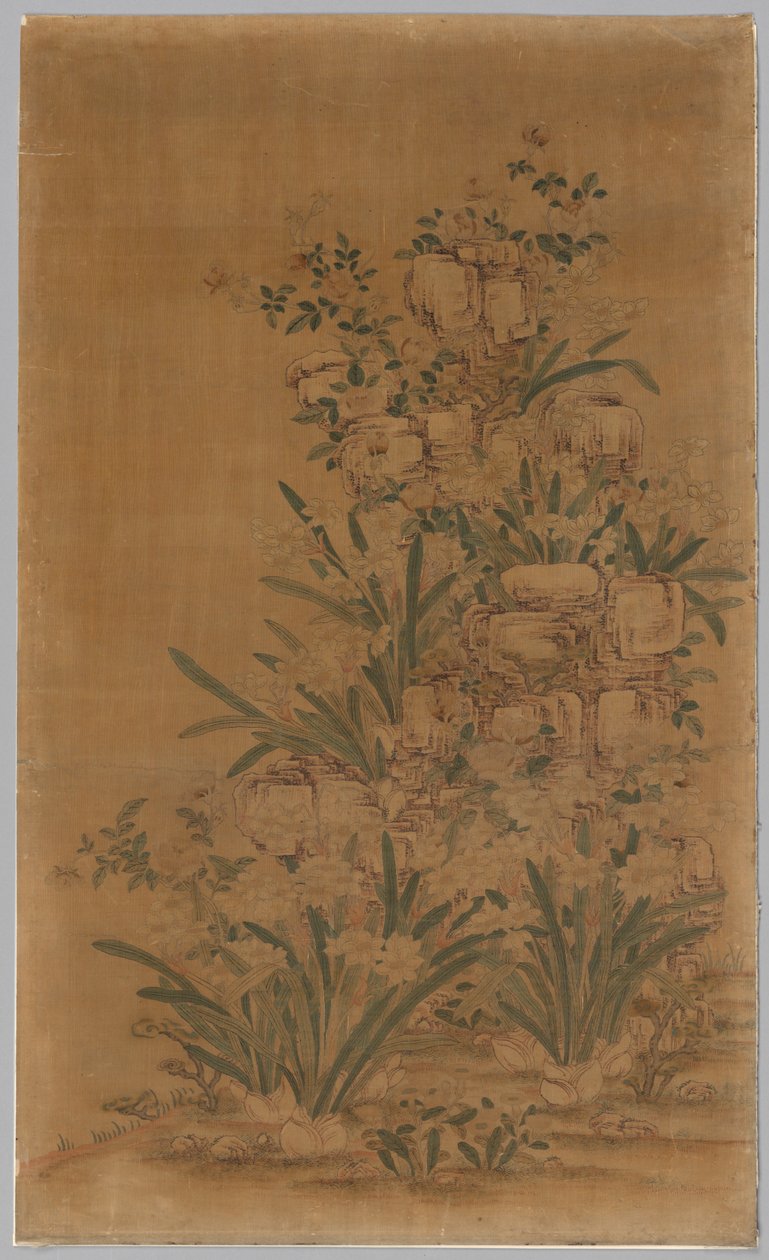 Kesi パネル: 岩と水仙 作： 中国、清王朝
