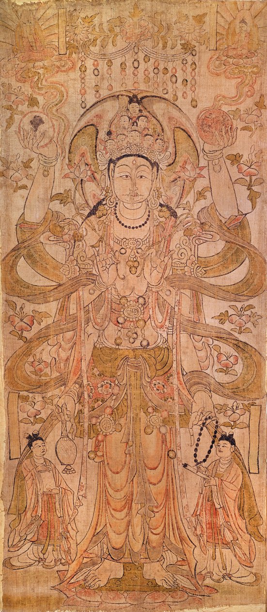 唐時代の甘粛省敦煌出身の、9つの頭と6つの腕を持つAvalokiteshvara（618-907）（キャンバス上のペンとインク） 作： 中国語学校