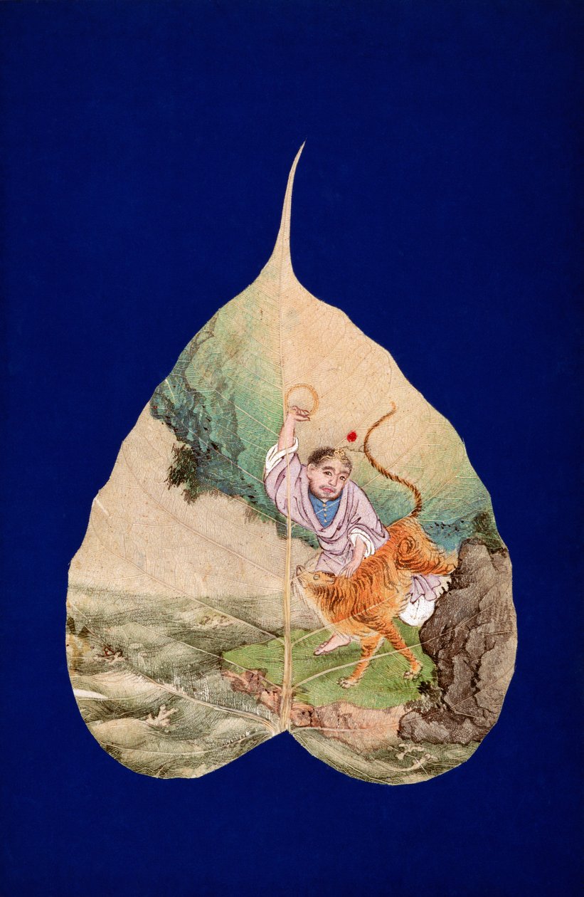CBL C 1410 Bhadra with Tiger（ペンとインク、そして聖なる菩提樹の葉に色を塗ったもの） 作： 中国語学校