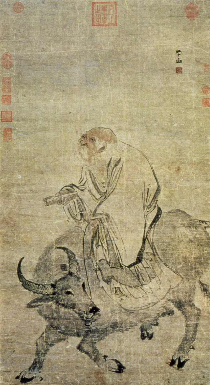 老子（紀元前604〜531年頃）、牛、中国人、明朝（1368〜1644年）に乗る（シルクにインクとトイレ） 作： 中国語学校