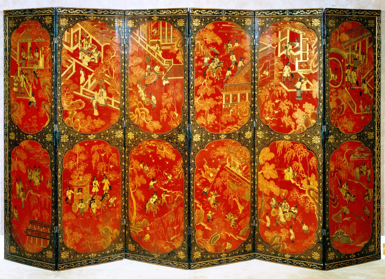 黒い枠のある赤のパネルにヨーロッパの人物を描いた6つ折りのスクリーン、c.1720（漆木材） 作： 中国語学校