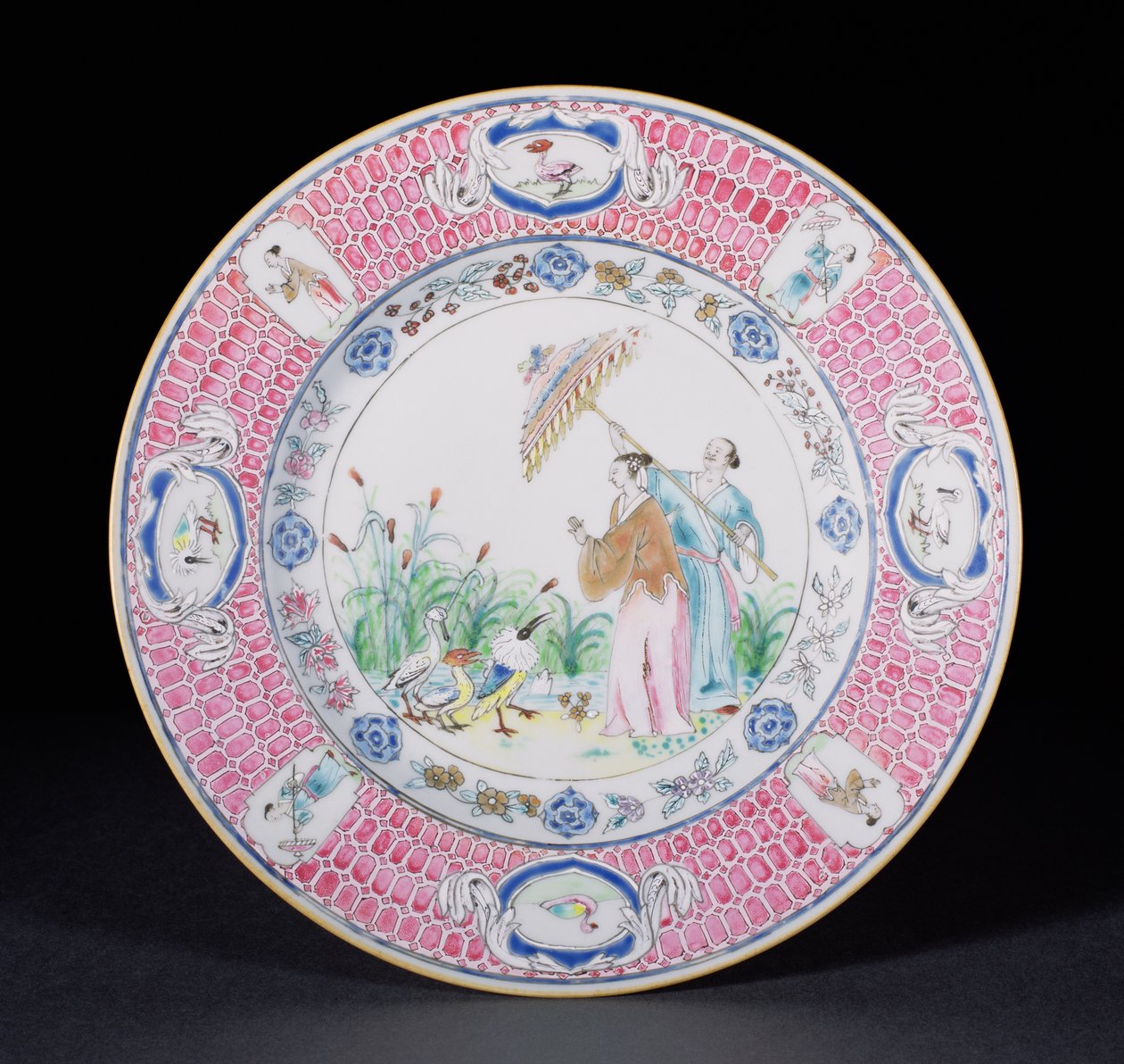 コルネリスプロンク（1691-1759）乾隆期（1736-95）c.1734（磁器）の設計による、ラダムオーパラソンを描いたファミールローズで描かれたディナープレート 作： 中国語学校