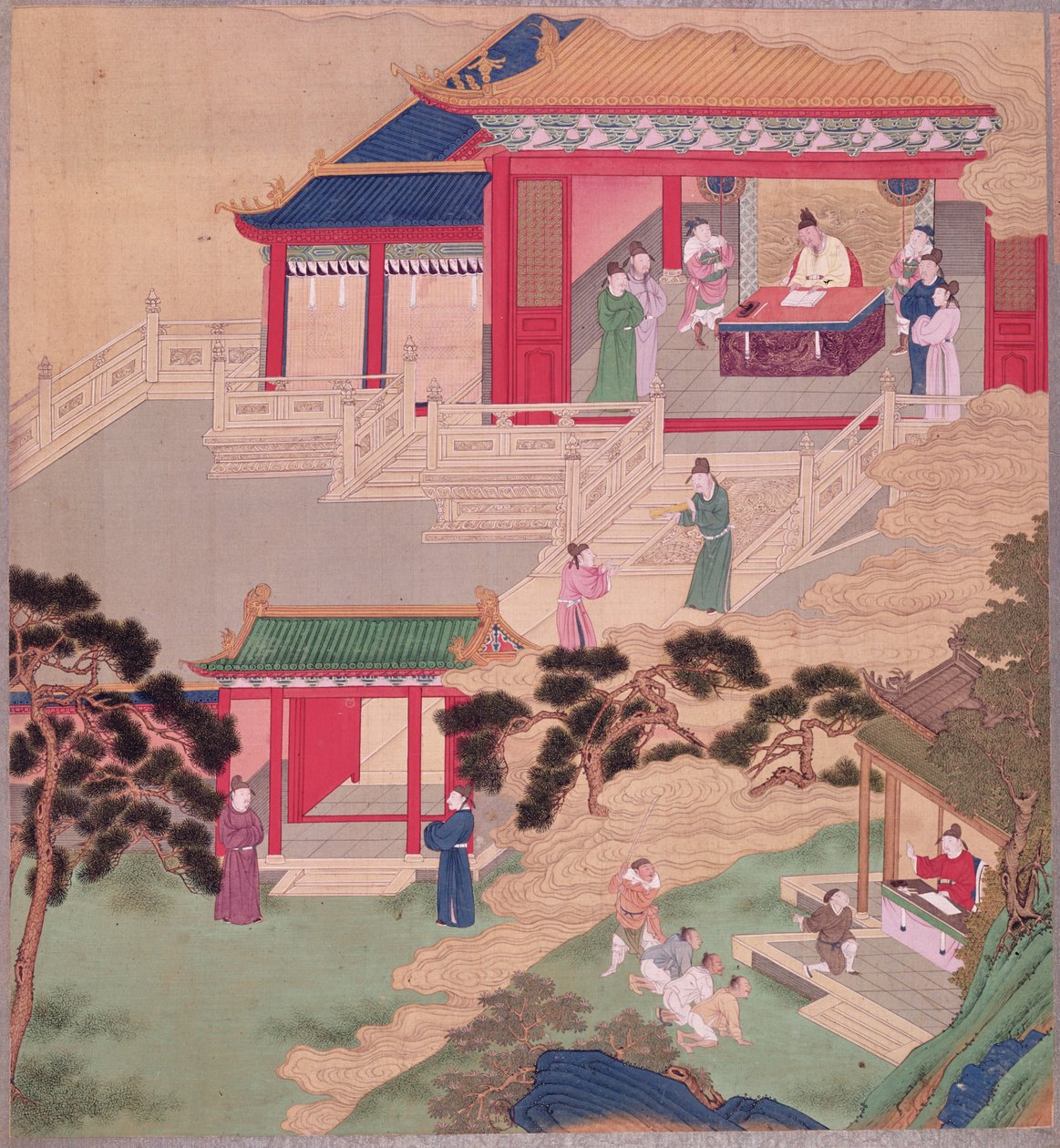 皇帝タイツング（r.762-779）は中国の皇帝の歴史から医学書を読んで（絹の色） 作： 中国語学校