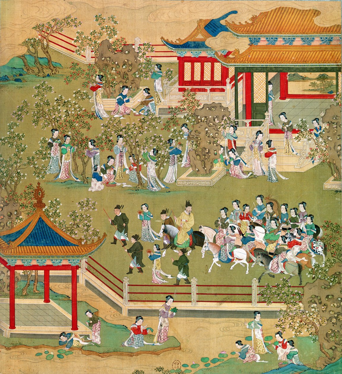 皇帝ヤンティ（581-618）が中国皇帝（絹の色）の歴史から妻と一緒に庭