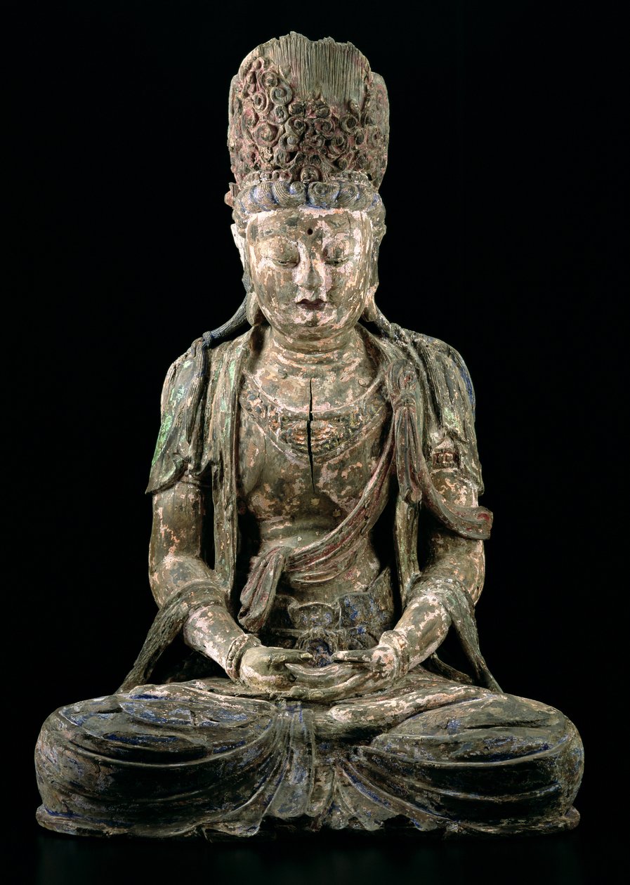 瞑想中の大きな坐像の菩薩、ジン王朝（1115-1234）（木と顔料）（206545を参照） 作： 中国語学校