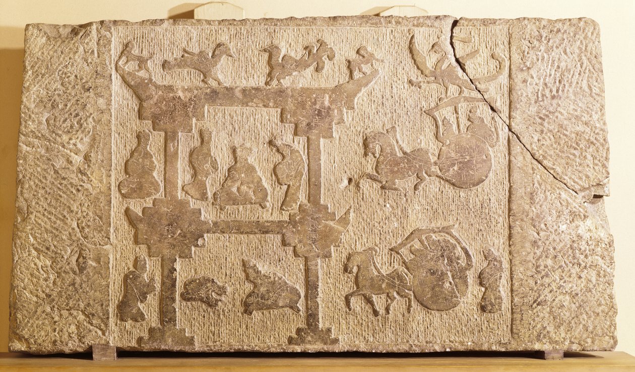 馬車と神話上の鳥で飾られたスラブ、ハン王朝（206 BC-AD 220）（砂岩） 作： 中国語学校