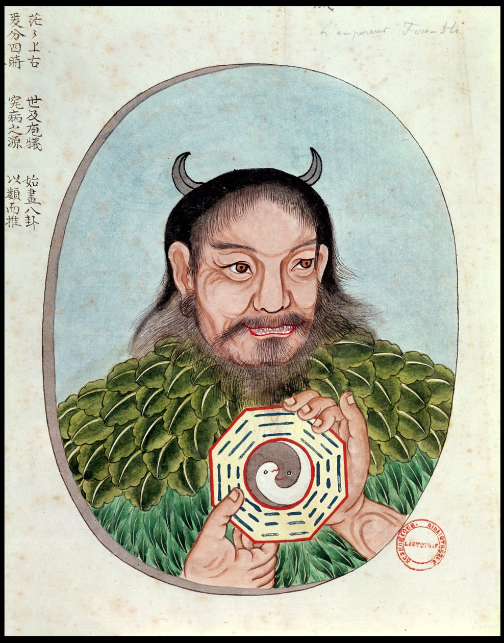 伝説の皇帝Fu-Hsi、ペンツァオのイラスト、18〜19世紀 作： 中国語学校