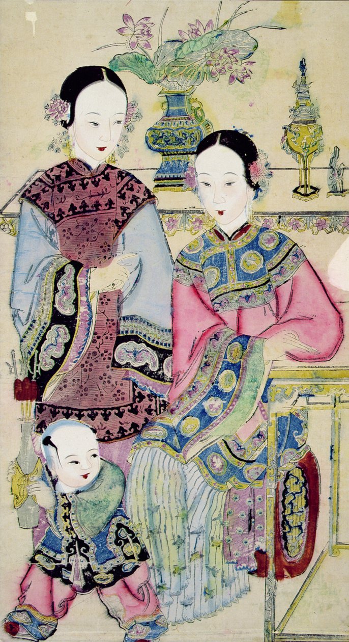 子供を持つ2人の女性、Yangliuqing（色の木版画） 作： 中国語学校