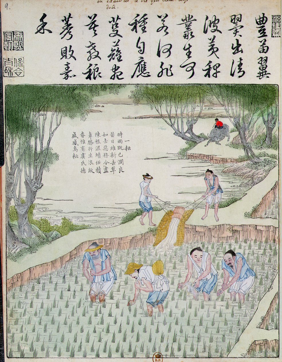 除草、中国の米文化（カラー木版画） 作： 中国語学校