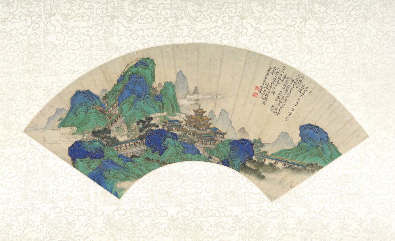 イモータルの宮殿、扇子はアルバムリーフとしてマウント、1753年（インク、色、紙の上の金） 作： 中国語学校中国語学校