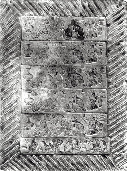 刻印された葬式のレンガ、ハン王朝（206 BC-AD 220）（テラコッタ） 作： 中国語学校中国語学校
