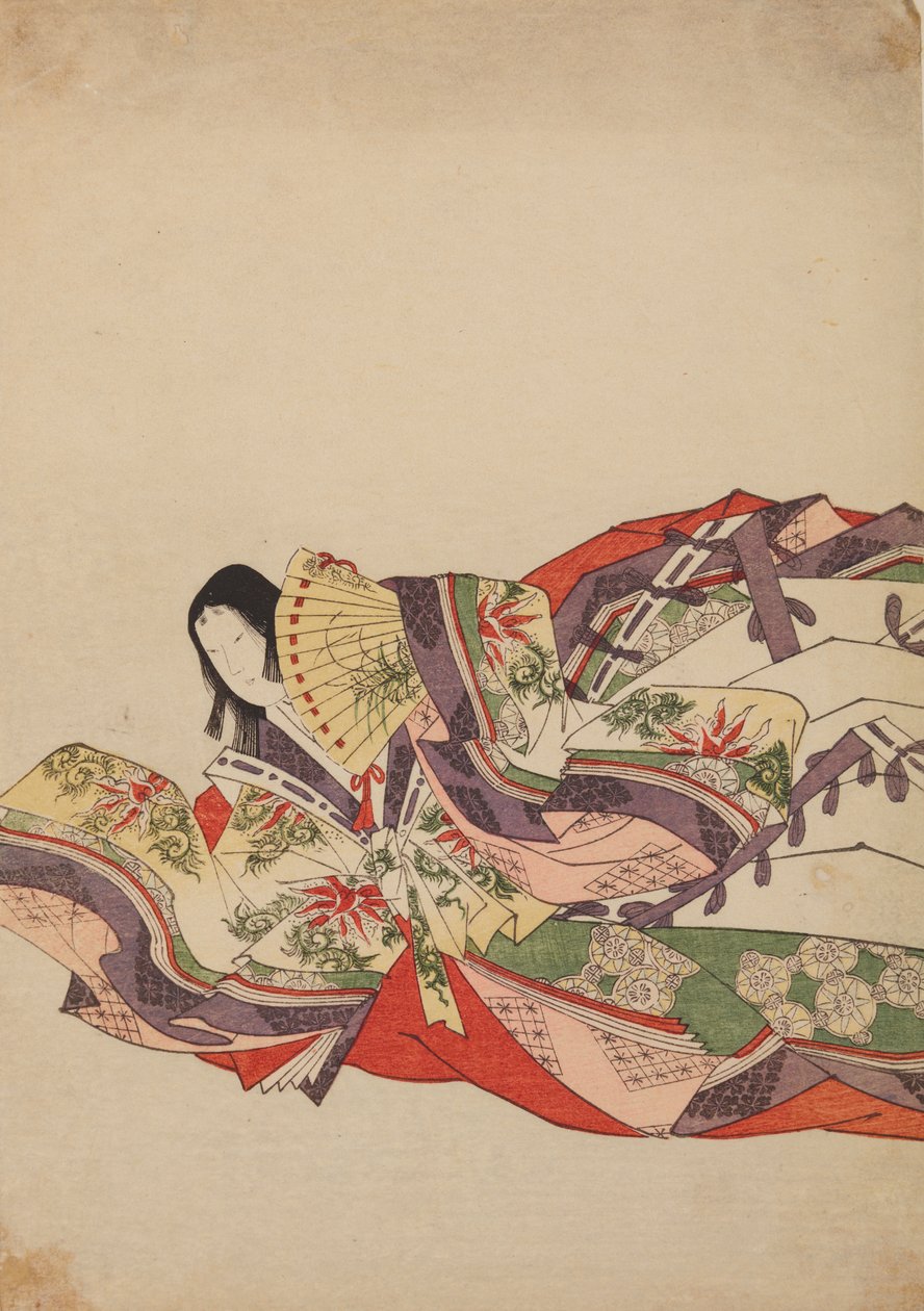 扇を持って前かがみで座る宮廷女性、画帖『錦摺女三十六歌仙絵尽し』より 作： 長文祭栄司