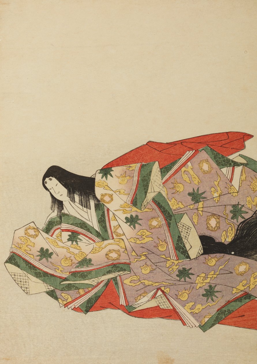緑と黄色の模様がある淡い紫色の衣をまとって座る宮廷女性、画帖「錦摺女三十六歌仙絵尽」より 作： 長文祭栄司