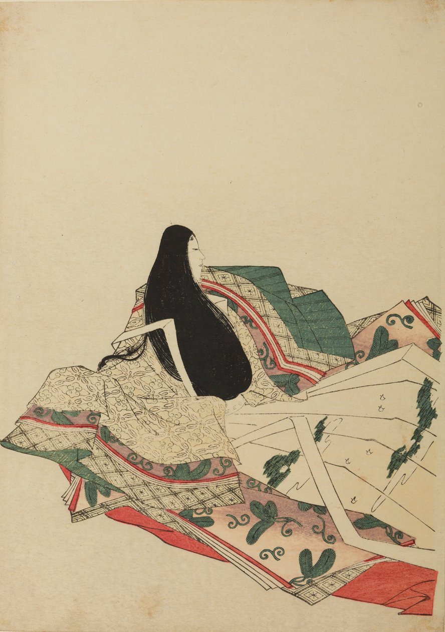 後ろ姿を四分の三から見た座る宮廷女官、画帖『錦摺女三十六歌仙絵尽し』の一図 作： 長文祭栄司