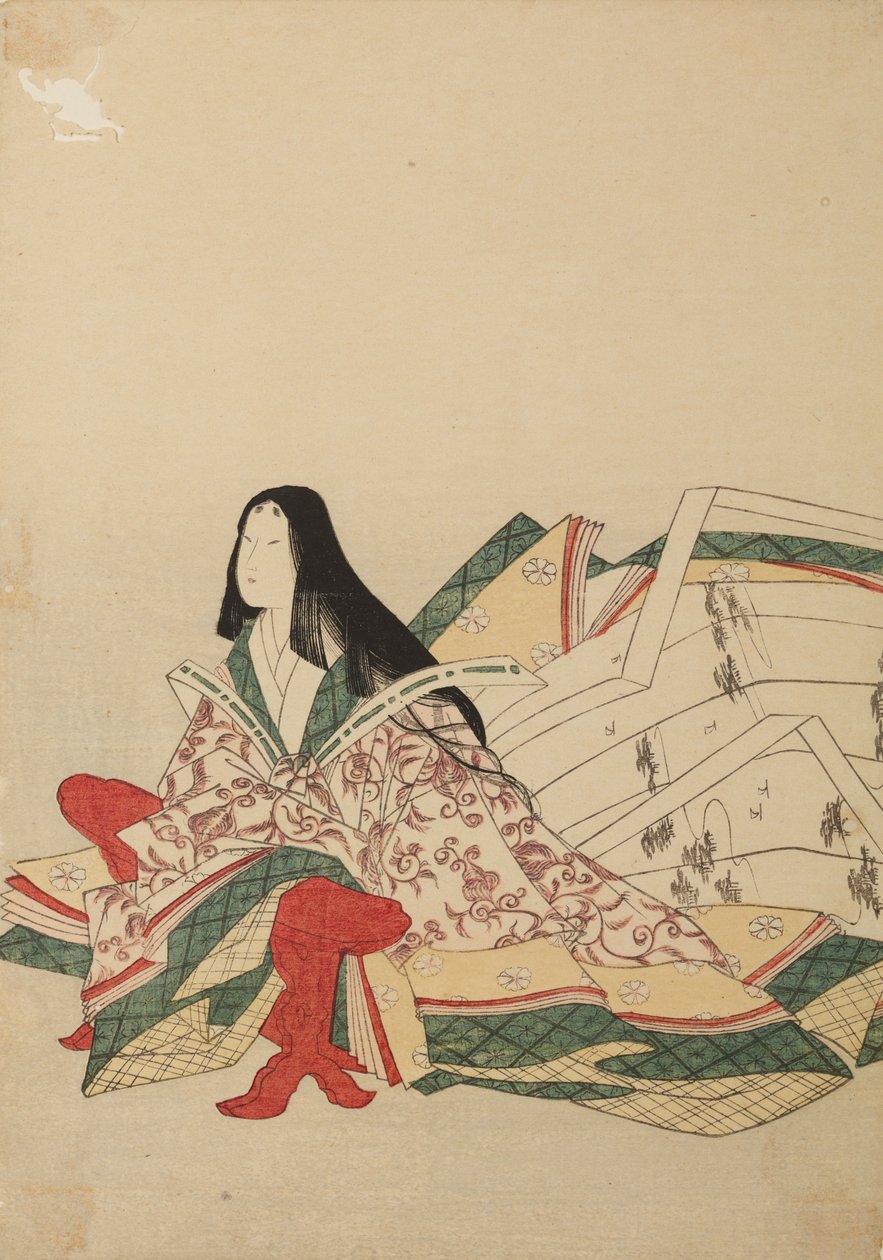 きょうそくに寄りかかって座る宮廷の貴婦人、アルバム『三十六人の女流詩人／錦引き女六仙えづし』からの挿絵 作： 長文祭栄司