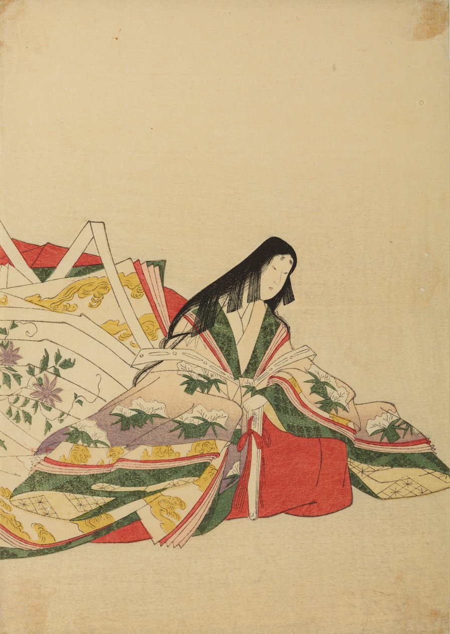 扇子に寄りかかって座っている宮廷の貴婦人、画集『錦引き女三十六選』より 作： 長文祭栄司