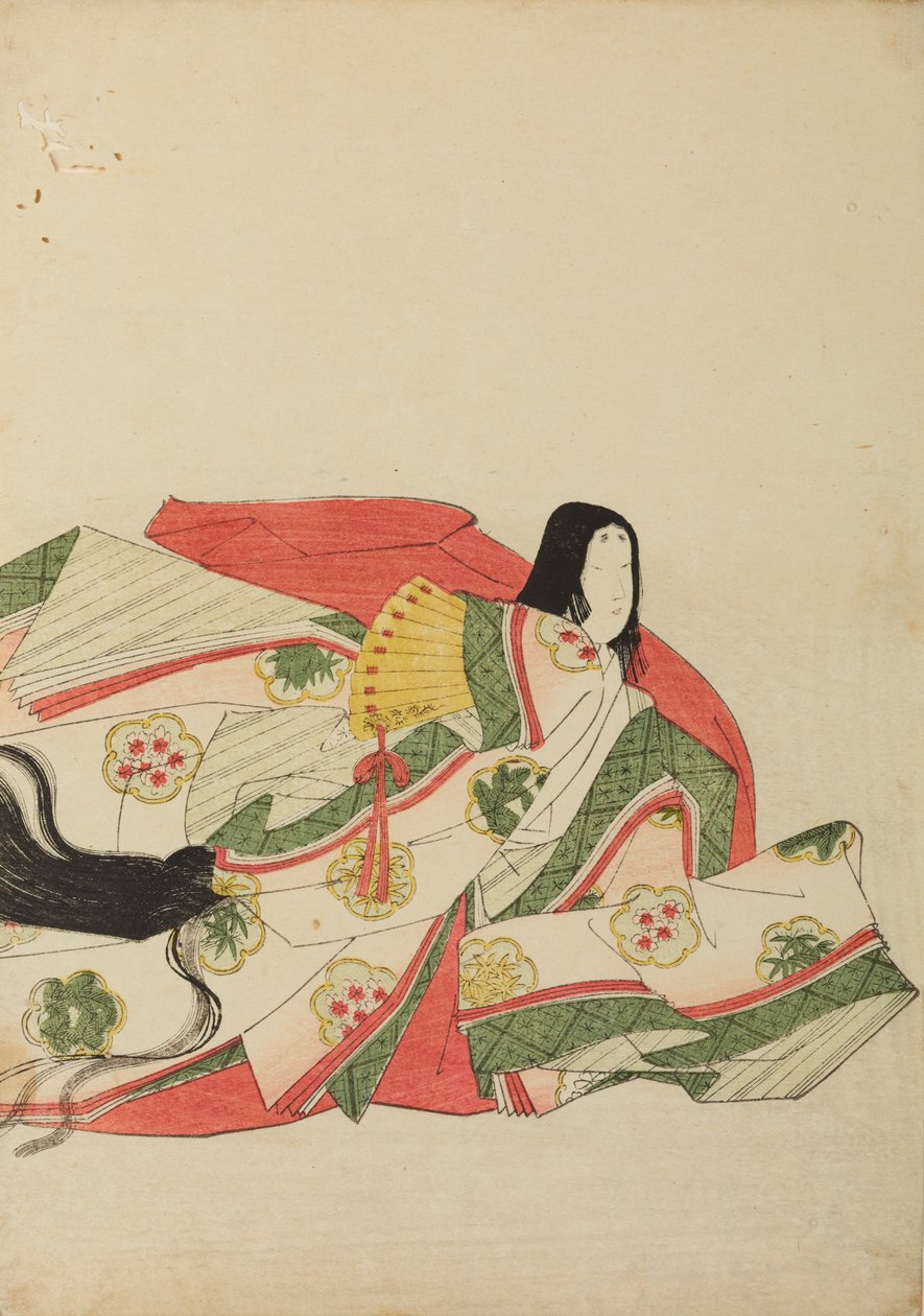 黄色い扇を持って座る宮廷女官、画帖『錦摺女三十六歌仙絵尽』より 作： 長文祭栄司