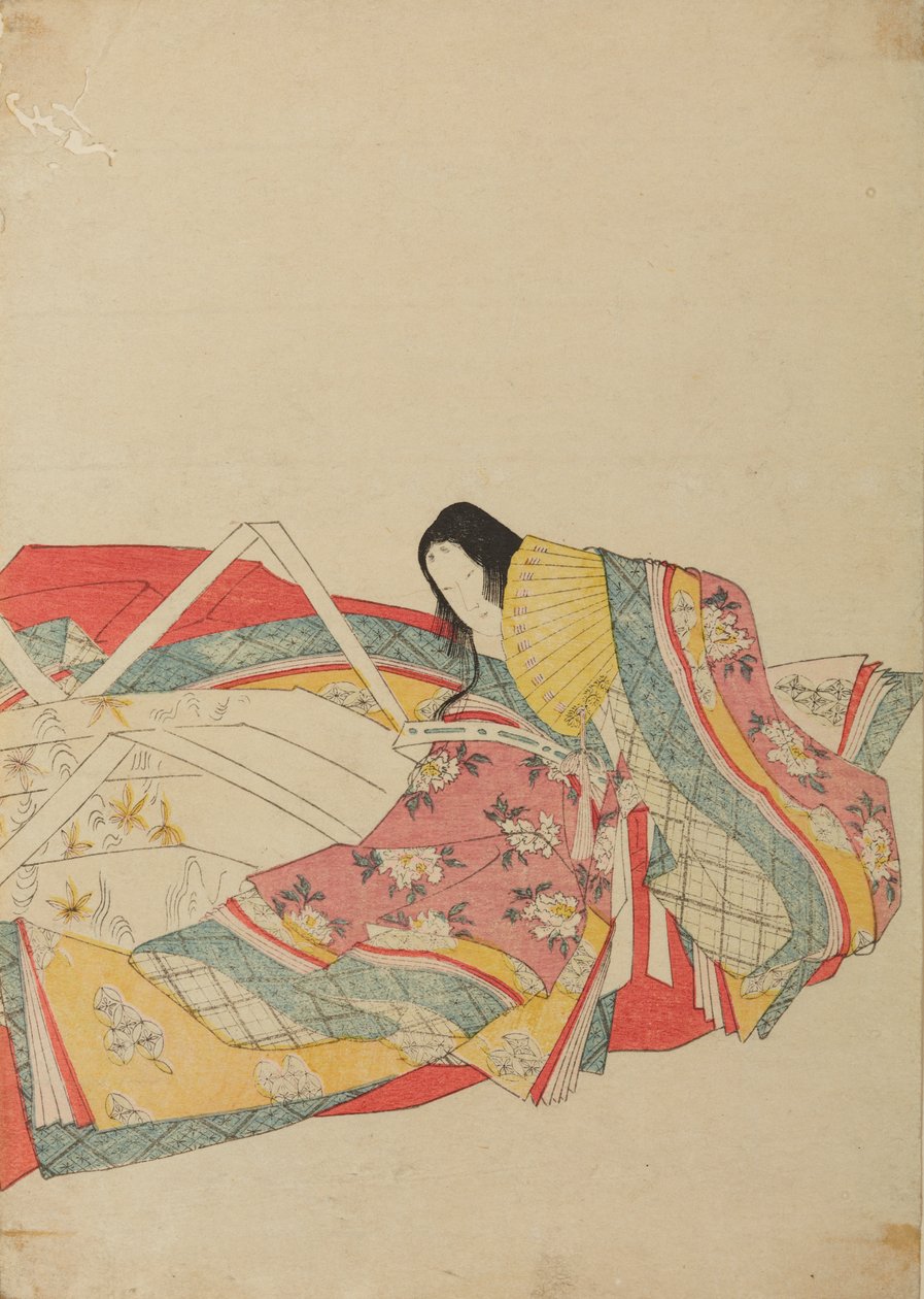黄色い扇を持つ座る宮廷女性、画帖「錦摺女三十六歌仙絵尽」より 作： 長文祭栄司
