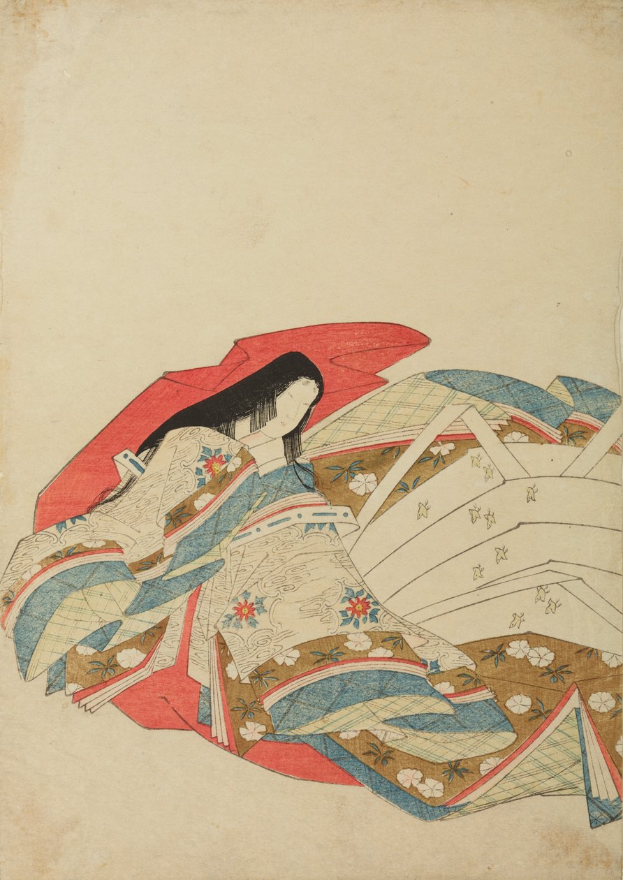 左向きに座る宮廷の婦人、画帖『錦摺女三十六歌仙絵尽』の一図 作： 長文祭栄司